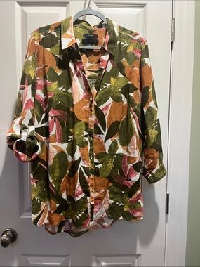 Tahari Olive, Rust & Pink Leaf-Print 100% Linen Button-Down Shirt